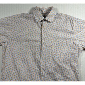 Peter Millar Shirt Men Medium Blue Yellow Geometric Print Short Sleeve Button Up